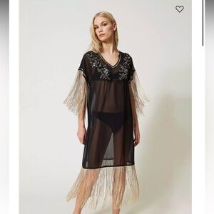 Twinset Black Sheer Fringe Cover-Up Dress Embelished
